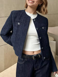 Women's Blue Tweed Metallic Buttons Cropped Outerwear - Blue