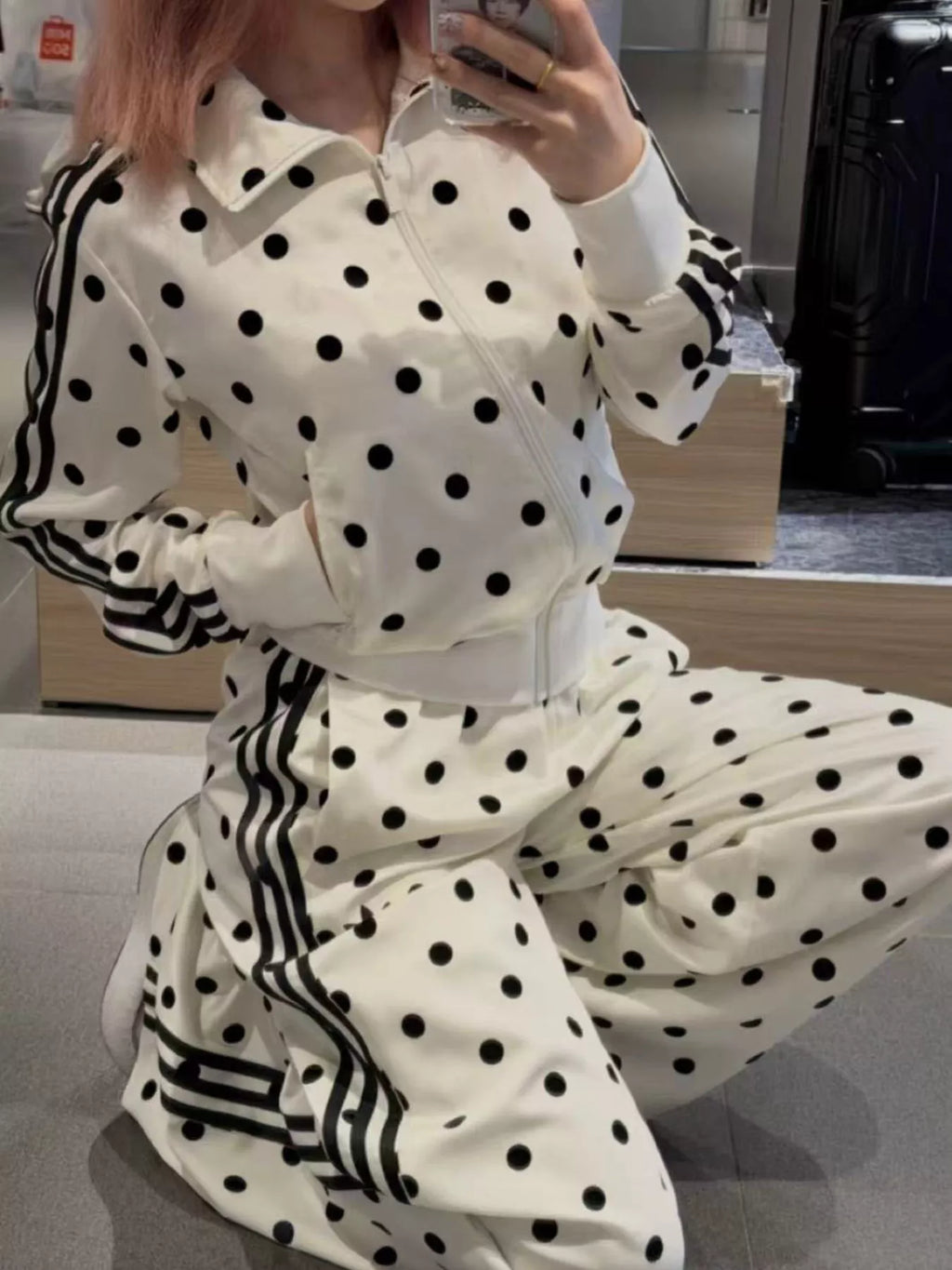 Women's Polka Dot Side Striped Outerwear and Pants Set