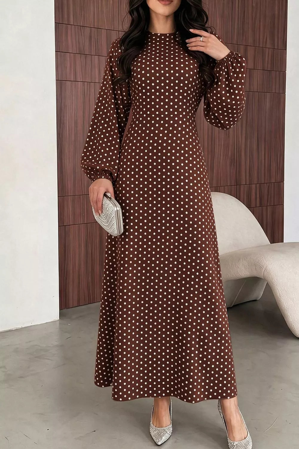 Women's Polka Dot Long Sleeve Maxi Dress