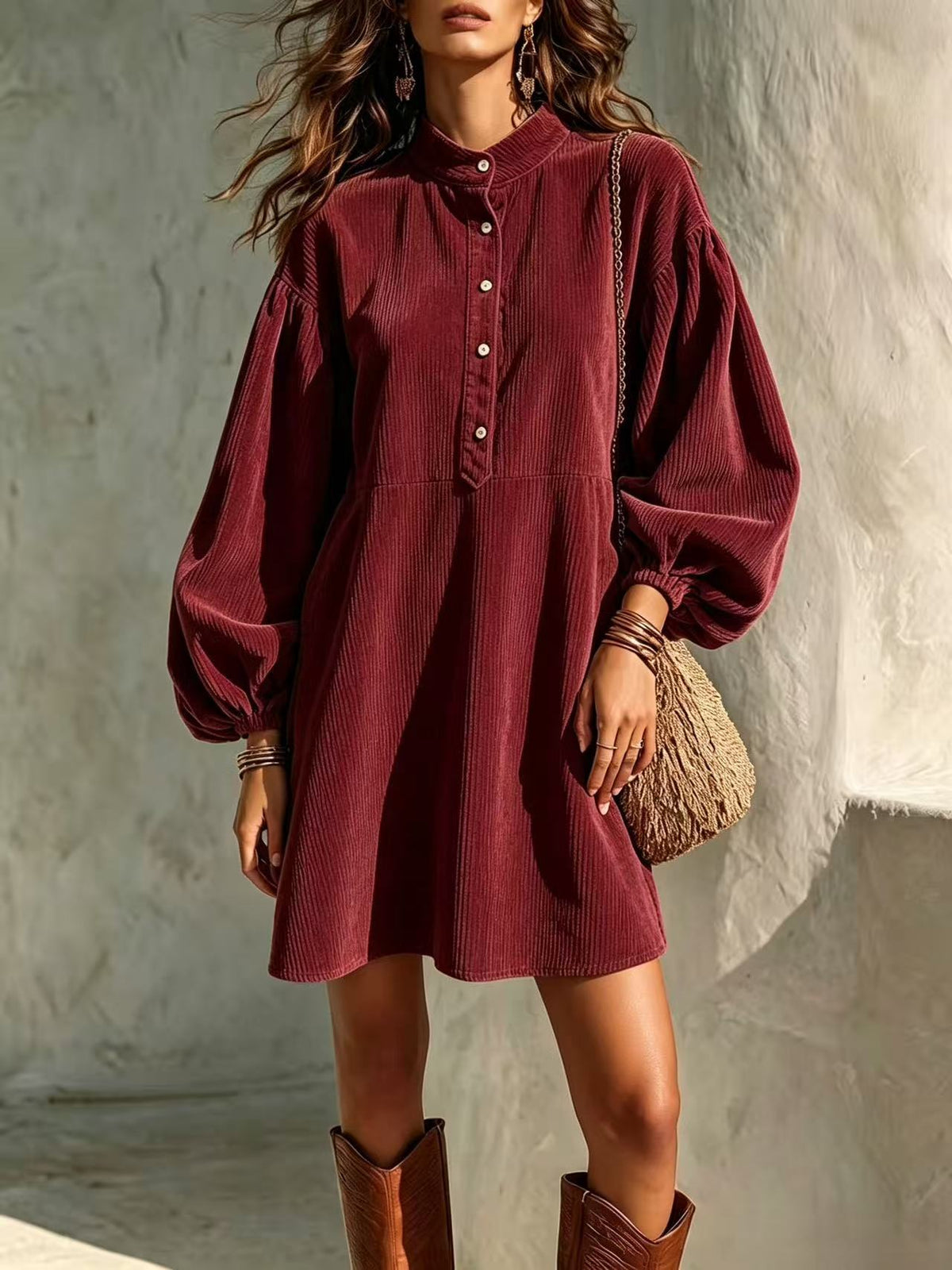 Hot Sale Fall Winter New Women's Fashion Vintage Corduroy Dress With Stand Collar And Lantern Sleeves