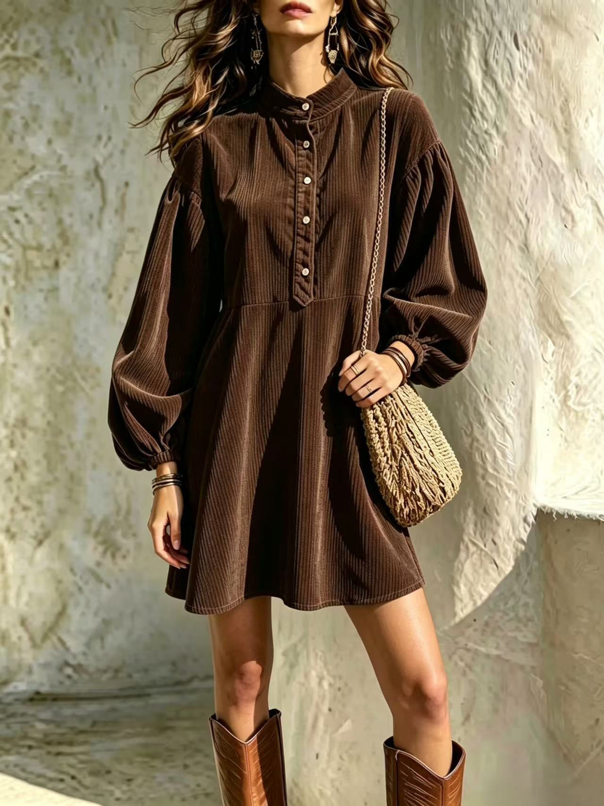 Hot Sale Fall Winter New Women's Fashion Vintage Corduroy Dress With Stand Collar And Lantern Sleeves