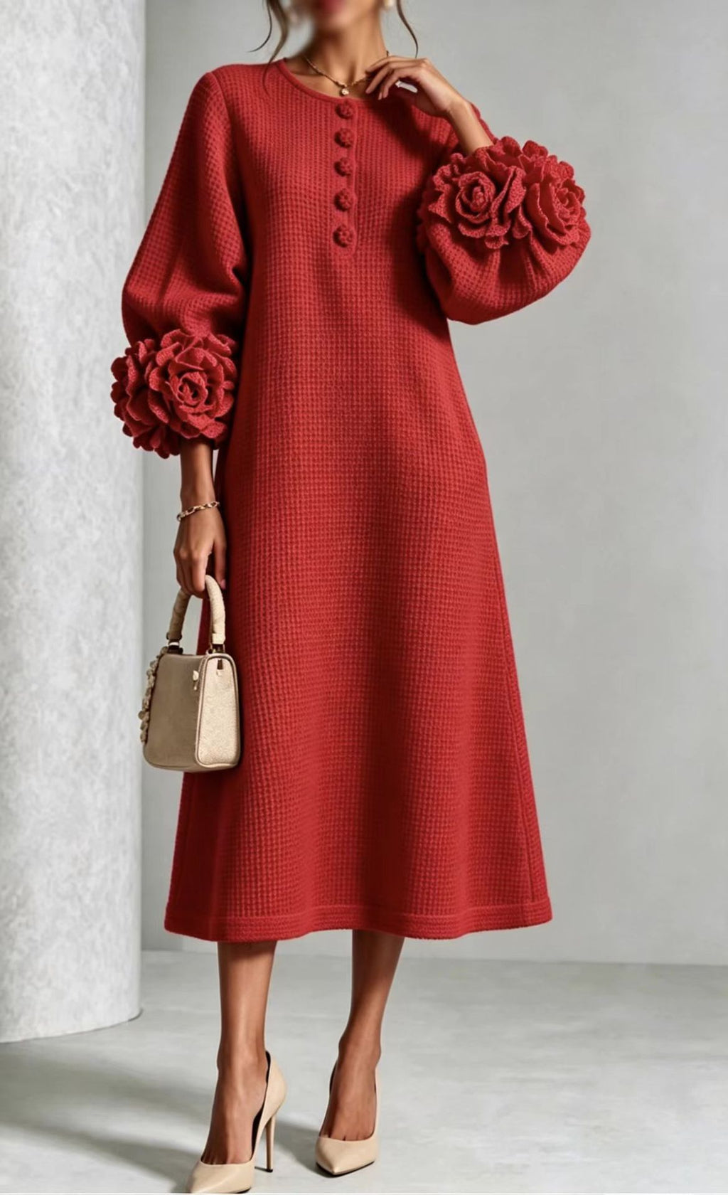 French-style Three-dimensional Floral Lantern-sleeve Cotton-linen Dress