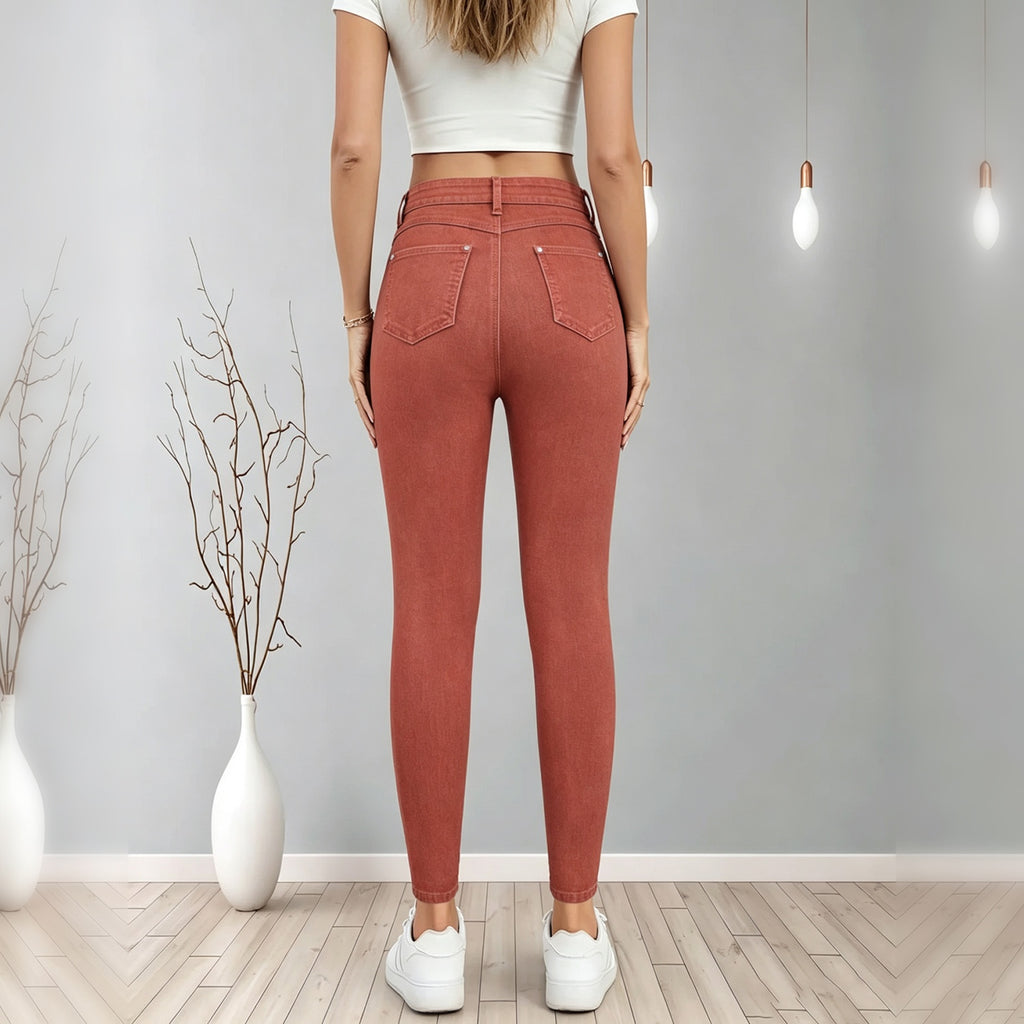 Women's Brick Red High Waist Skinny Jeans, Solid Color Stretch Slim Fit Ankle Denim Pants With Pockets