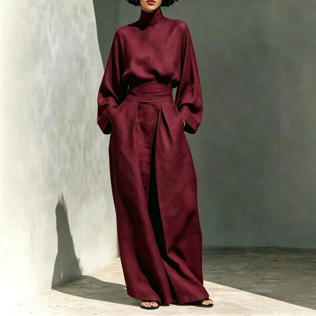 Women's AutumnWinter Cotton-Linen Bell-Sleeve Wide-Leg Pants Casual Set