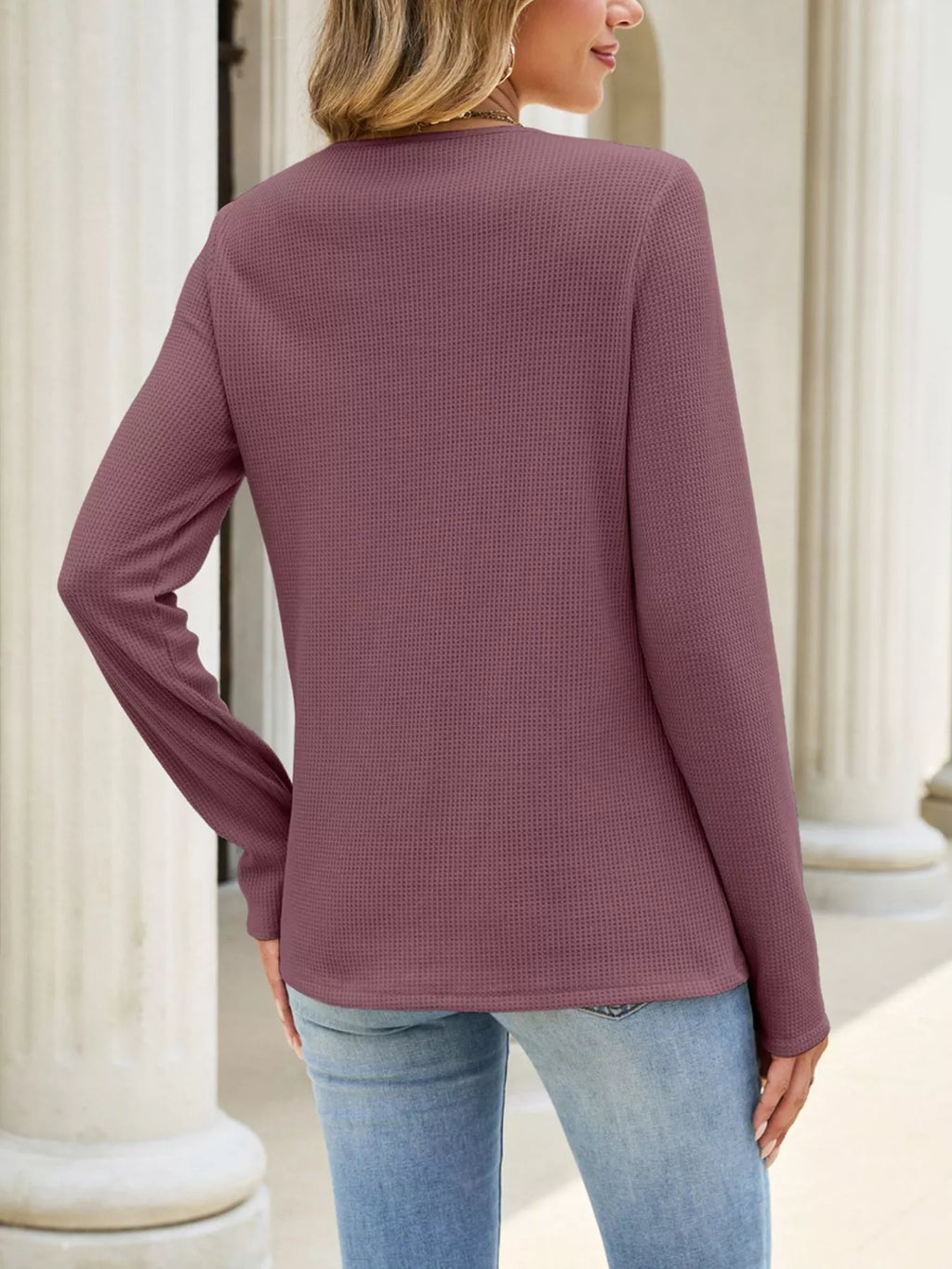Women's Lace Panel Waffle Knit Long Sleeve T-Shirt