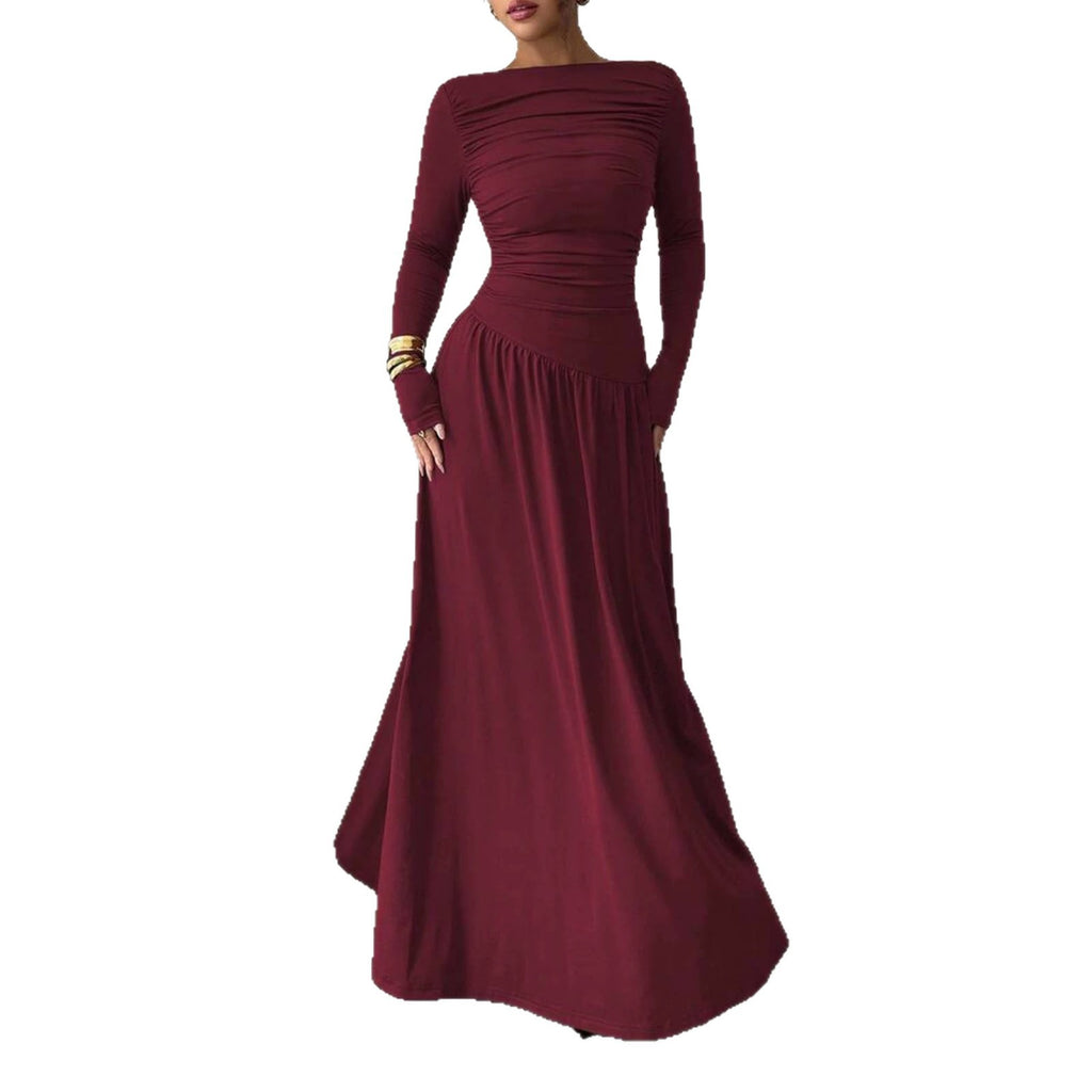 High-end Autumnwinter New Long-sleeve Pleated-waist Off-shoulder Maxi Dress