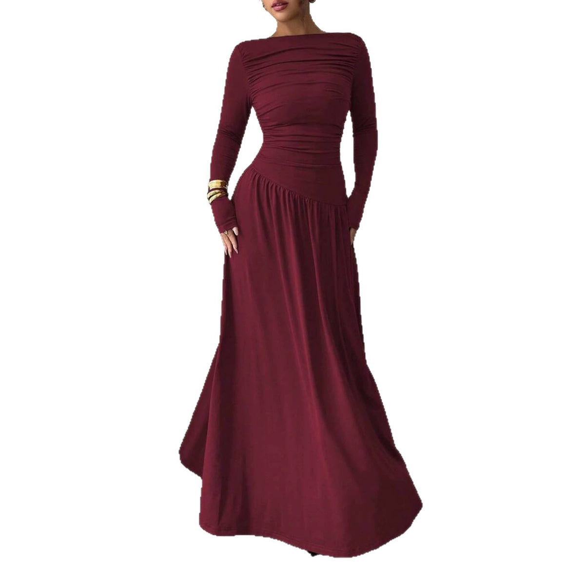 High-end Autumnwinter New Long-sleeve Pleated-waist Off-shoulder Maxi Dress