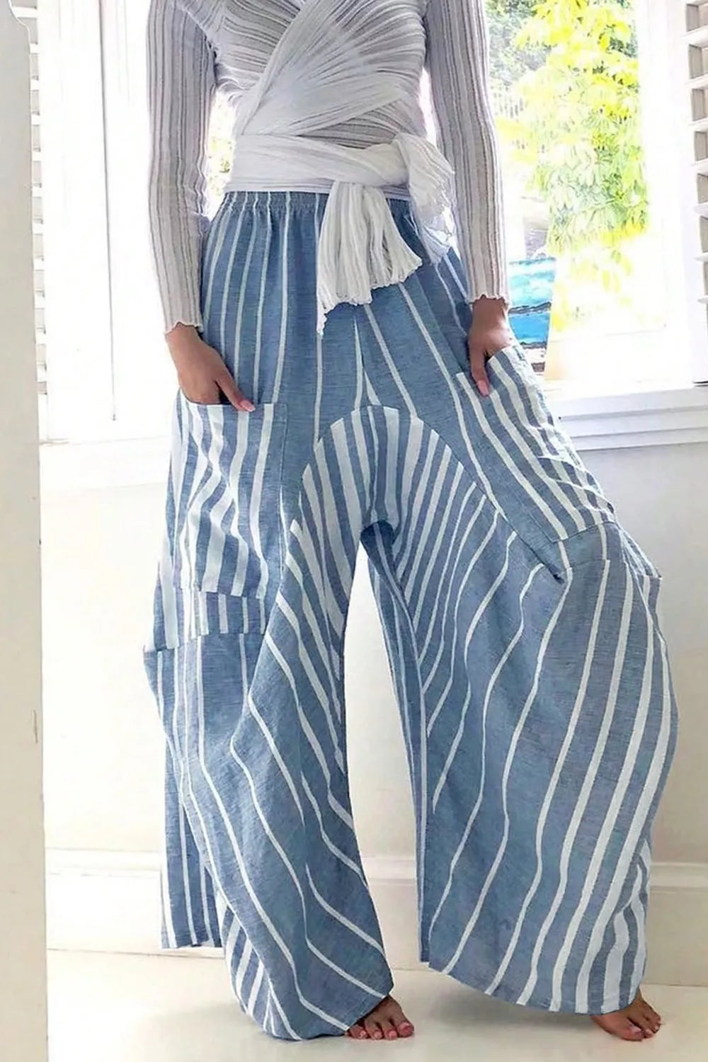 Women's Light Blue Striped Wide-Leg Pants - Light Blue