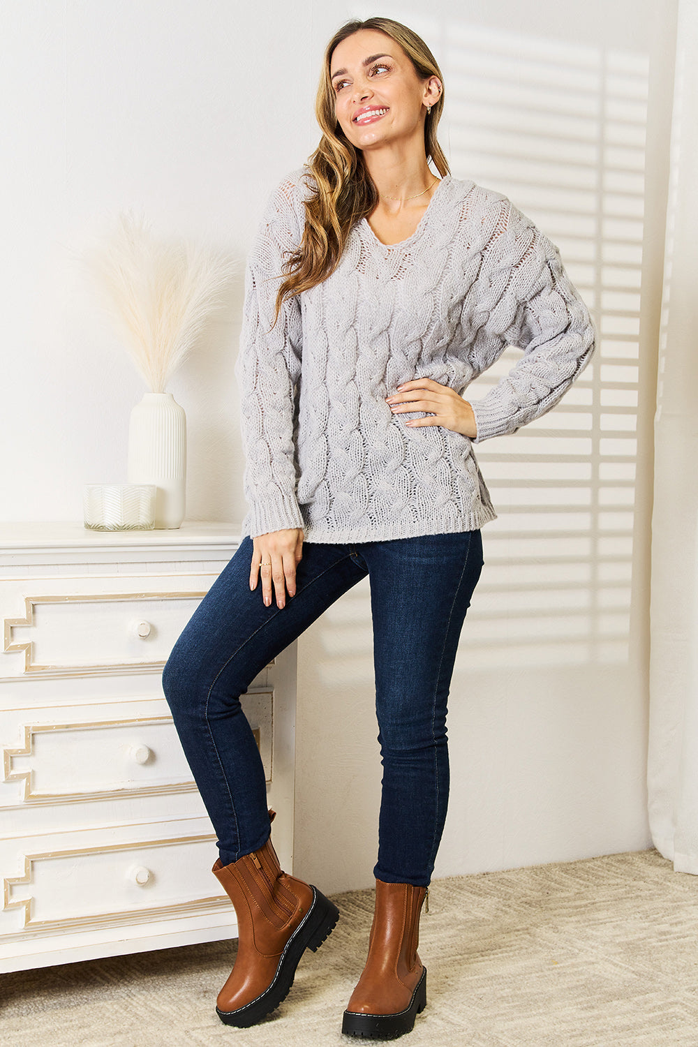 Women's Light Gray Cable-Knit Hooded Sweater - Light Gray