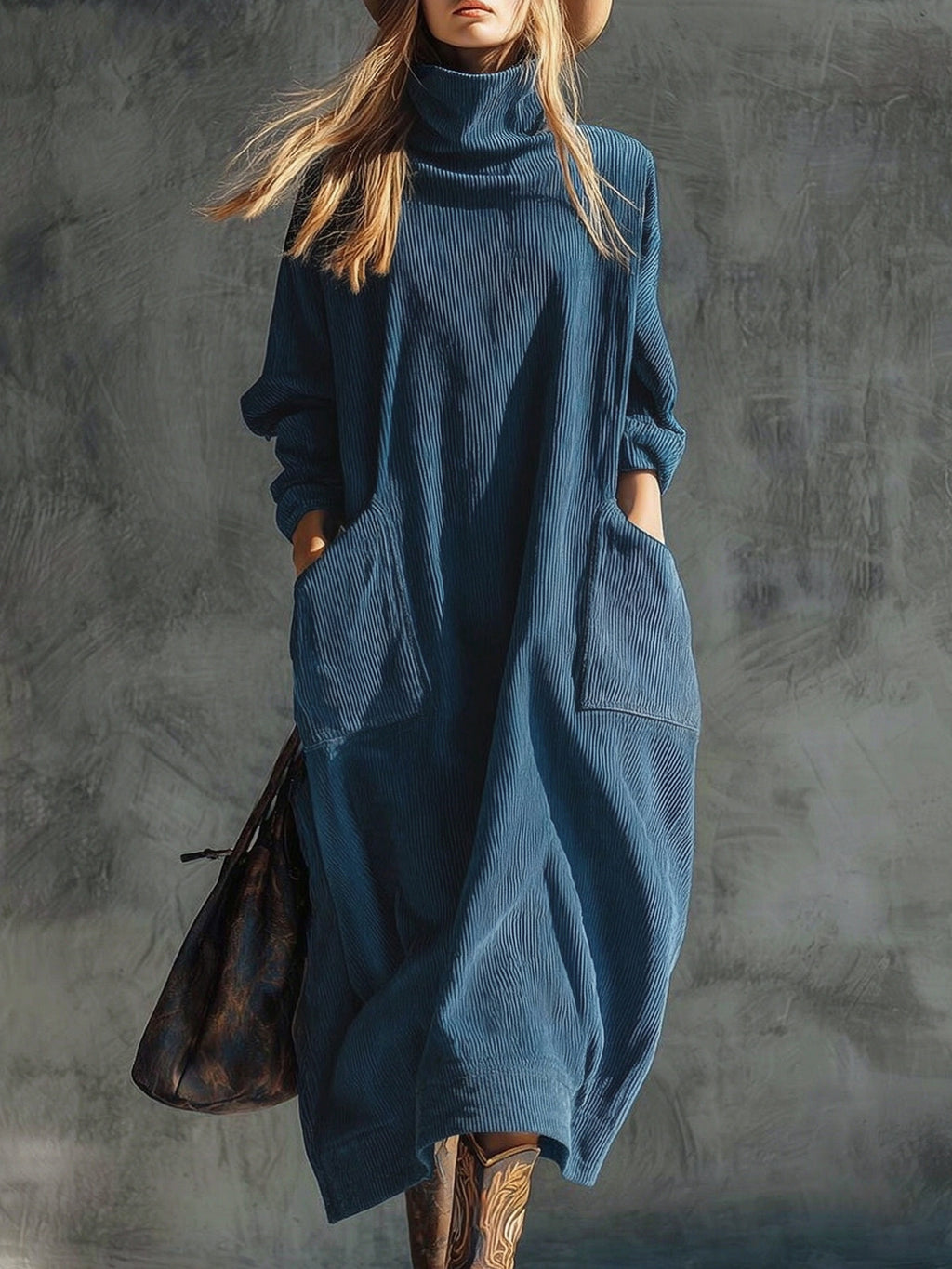 Corduroy Slimming Long Dress With Two Pockets For Women