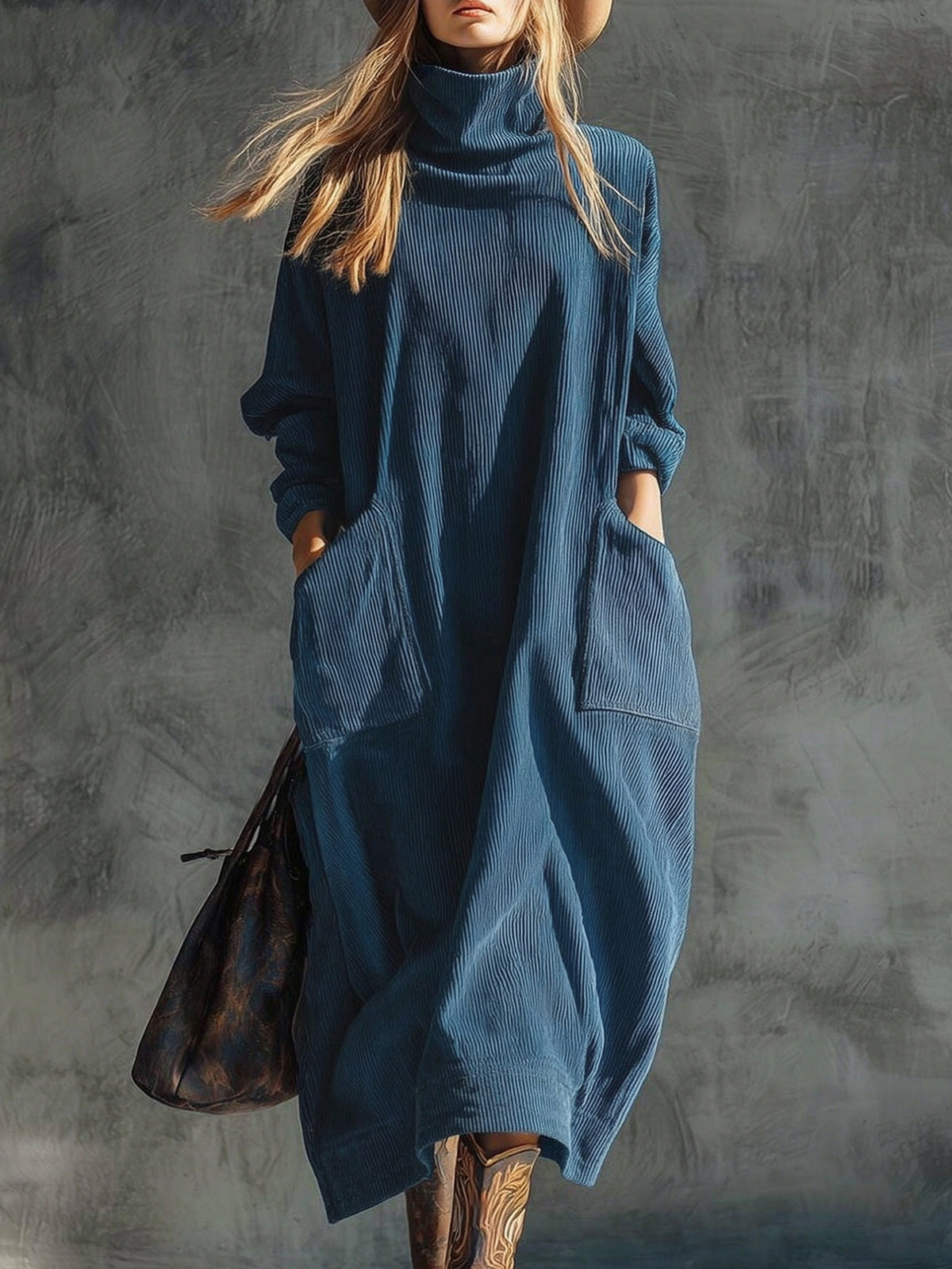Corduroy Slimming Long Dress With Two Pockets For Women