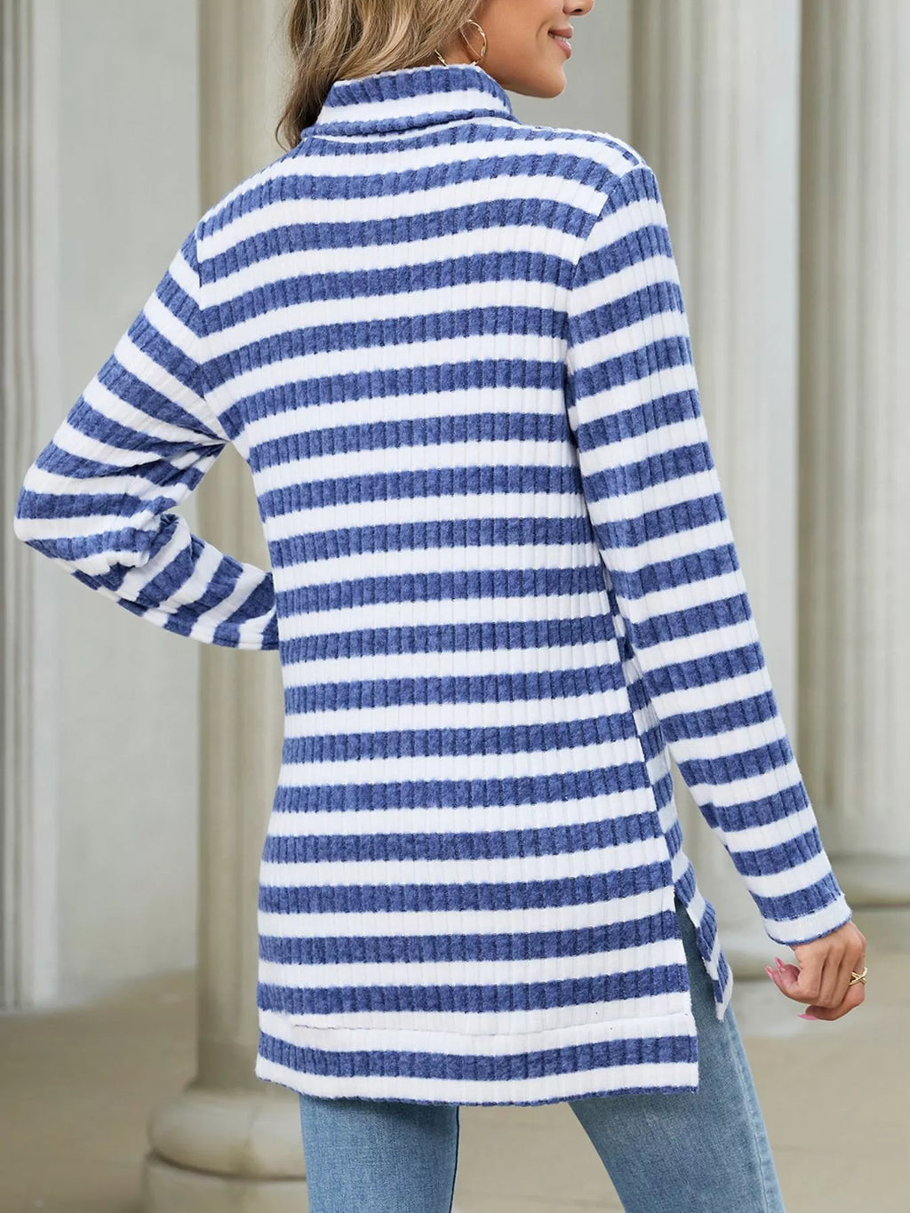 Women's Striped Ribbed Knit Turtleneck Long Sleeve T-Shirt