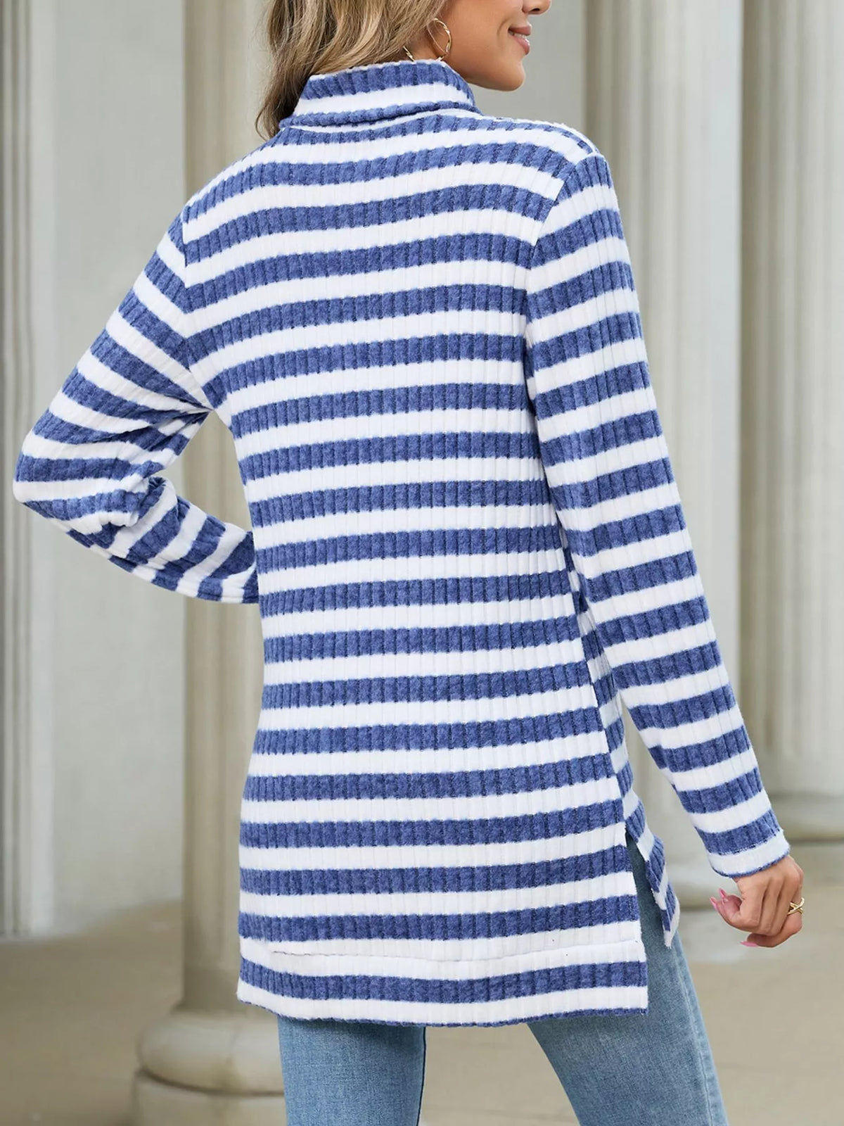 Women's Striped Ribbed Knit Turtleneck Long Sleeve T-Shirt