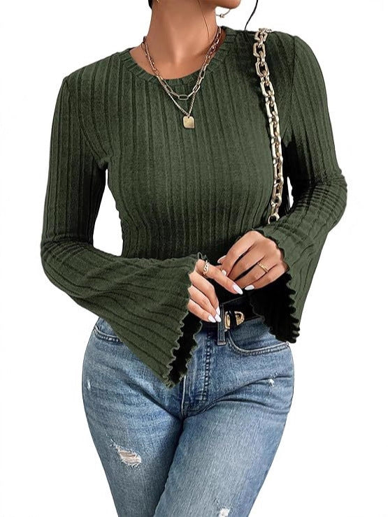 Ribbed, Brushed Crew-neck Long-sleeve Womens T-shirt