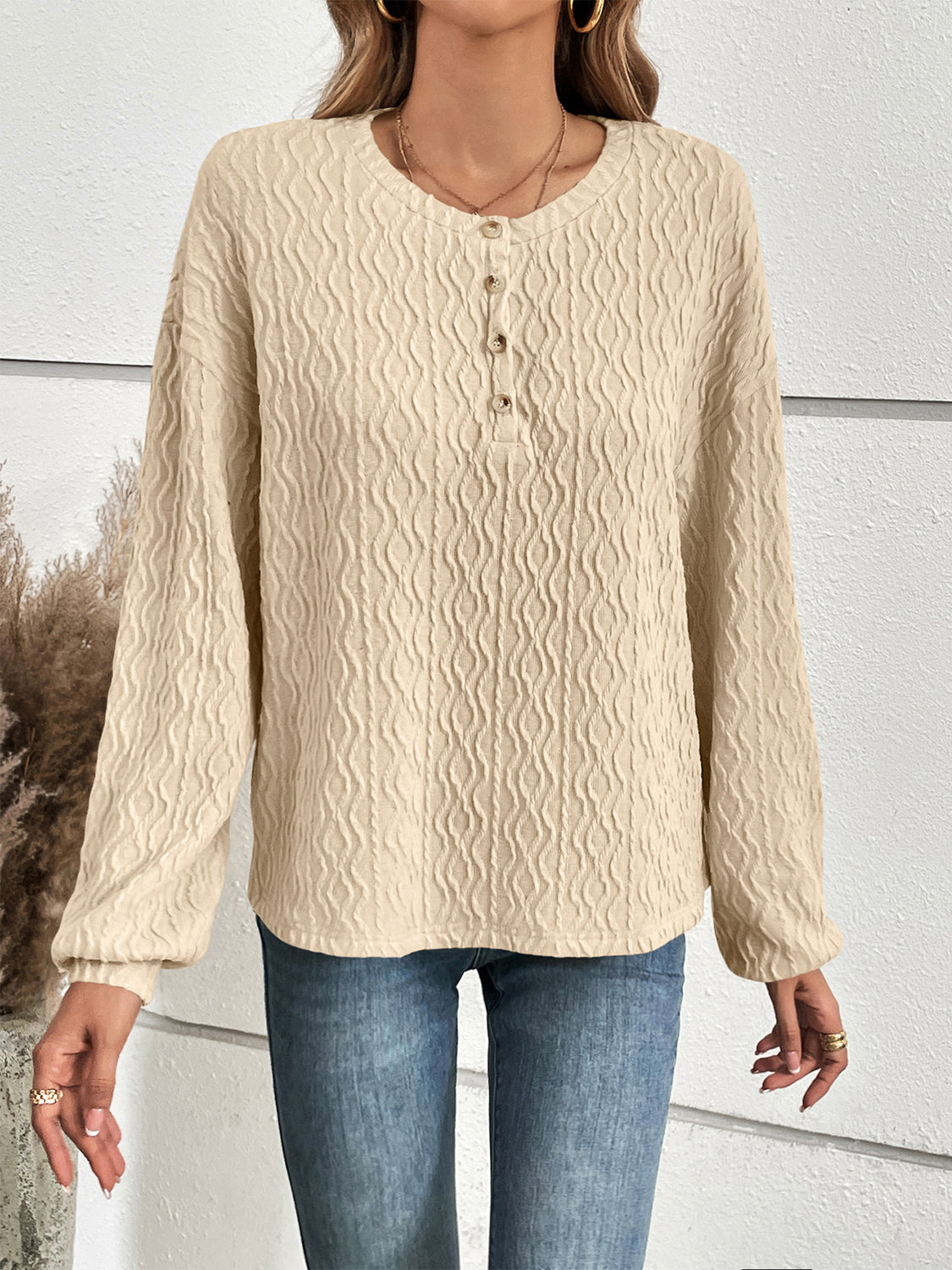 Women's Half Button Long Sleeve Top - Ivory