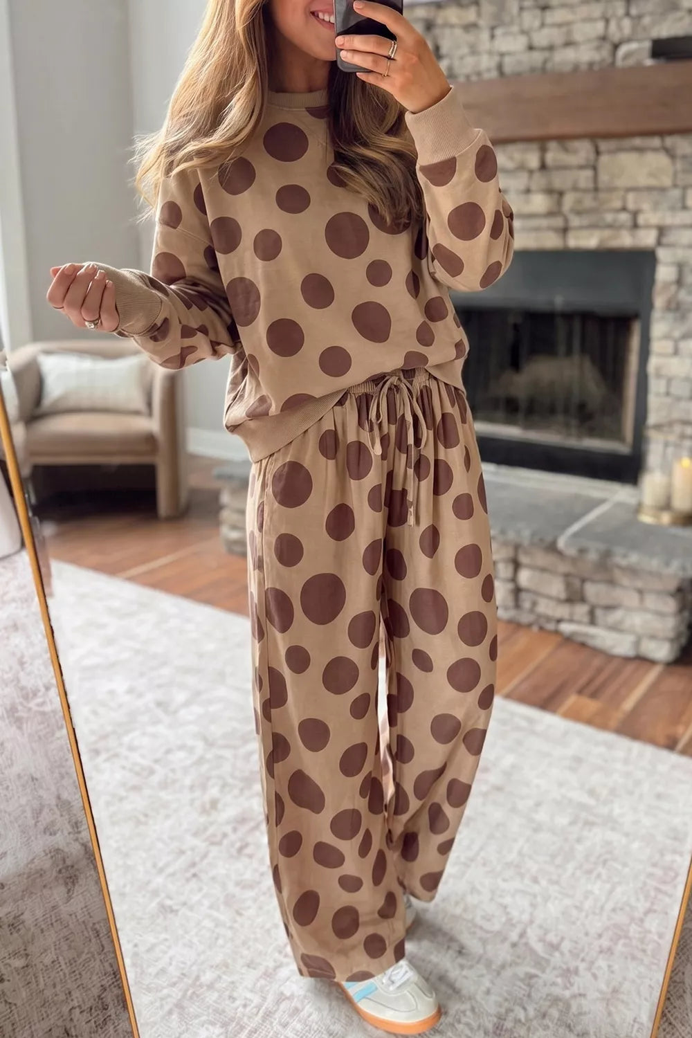 Women's Khaki Polka Dot Top and Pants Two-Piece Set - Khaki