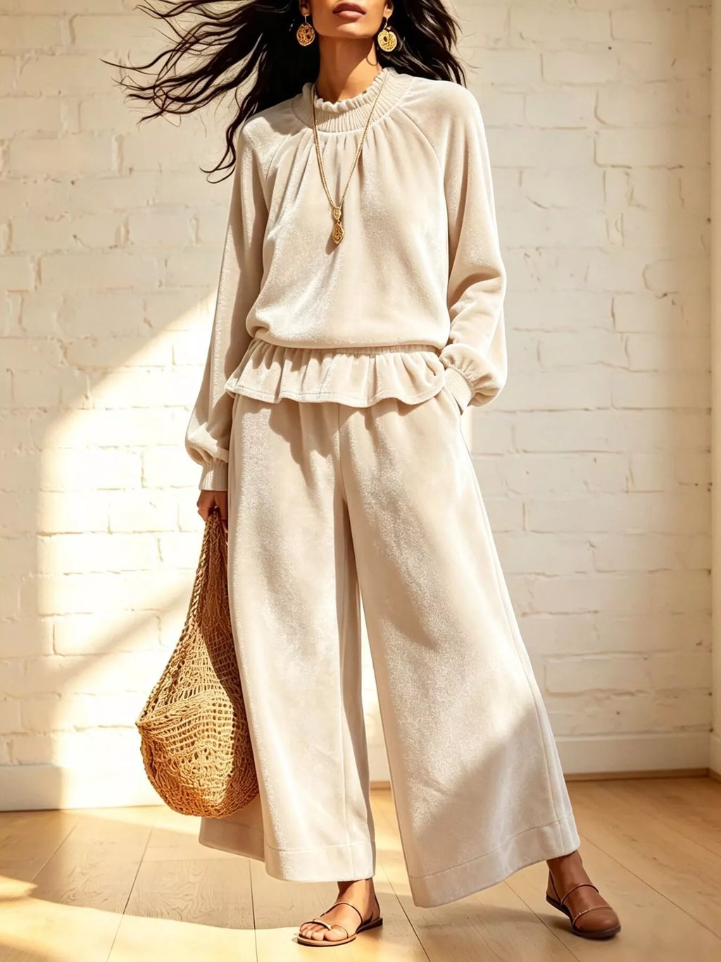 Women's Velvet Peplum Top and Wide-Leg Pants Set