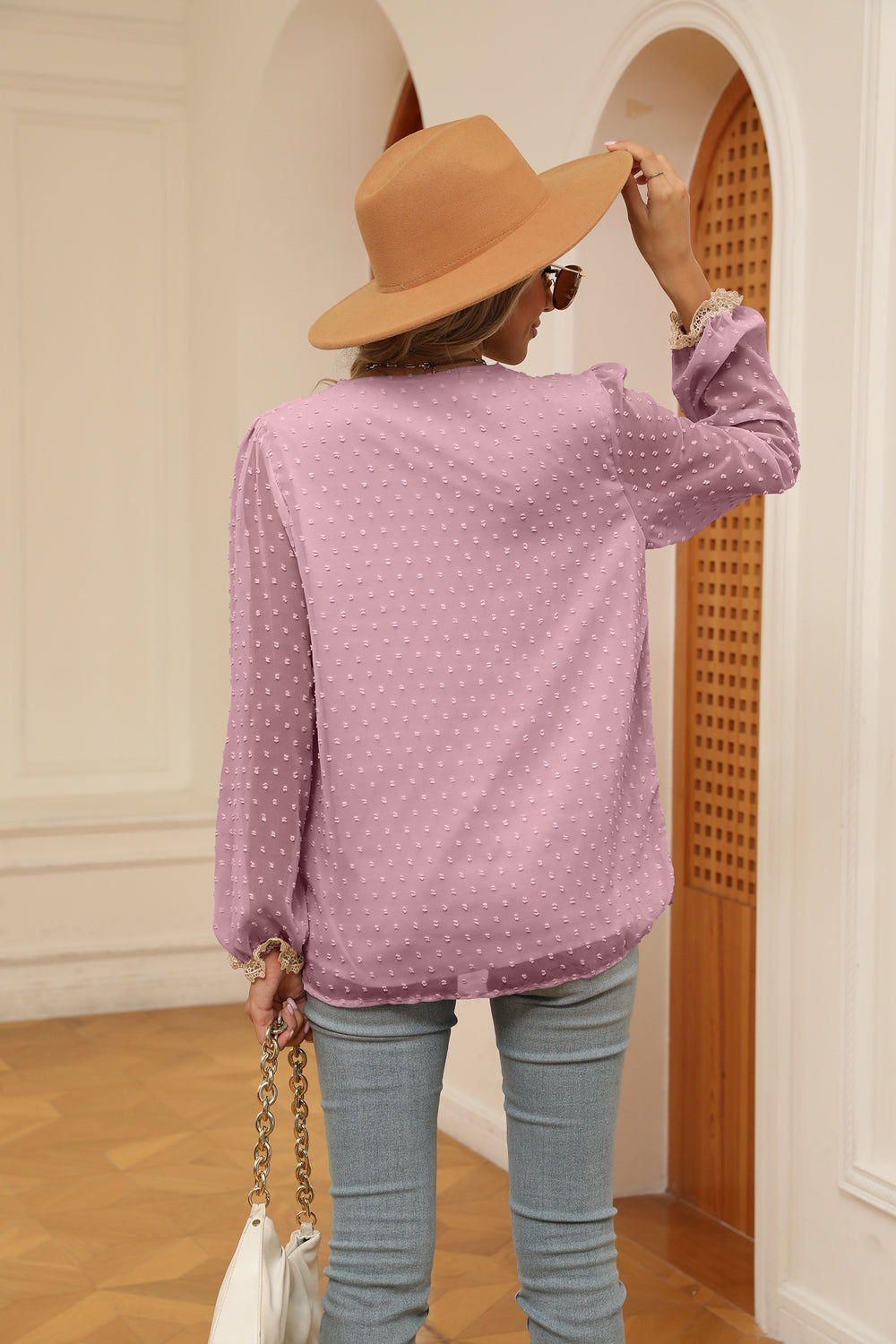 Women's Swiss Dot Contrast V-Neck Blouse