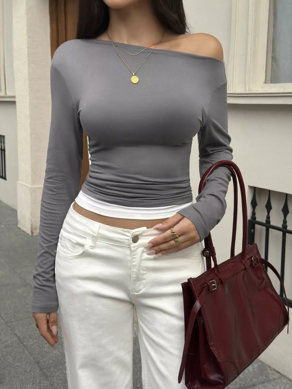 Women's Stone Gray One Shoulder Slim Fit Long Sleeve T-Shirt - Stone Gray