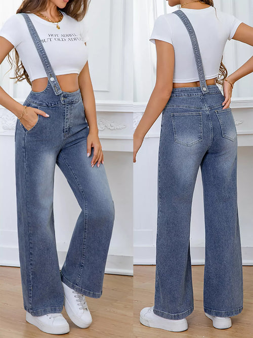 Adjustable Strap Washed Wide-Leg Denim Overalls