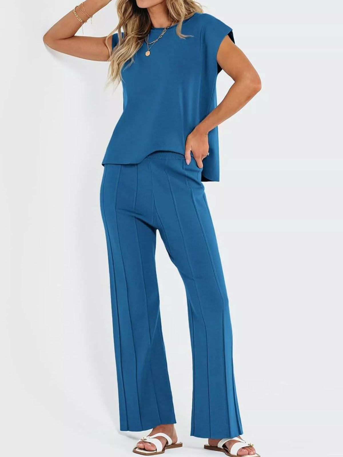 Women's Casual Solid Color Cap Sleeve Top and Pants Knit Set - Navy