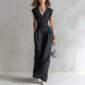 V-neck Sleeveless Cotton-linen Blend Single-breasted Dress