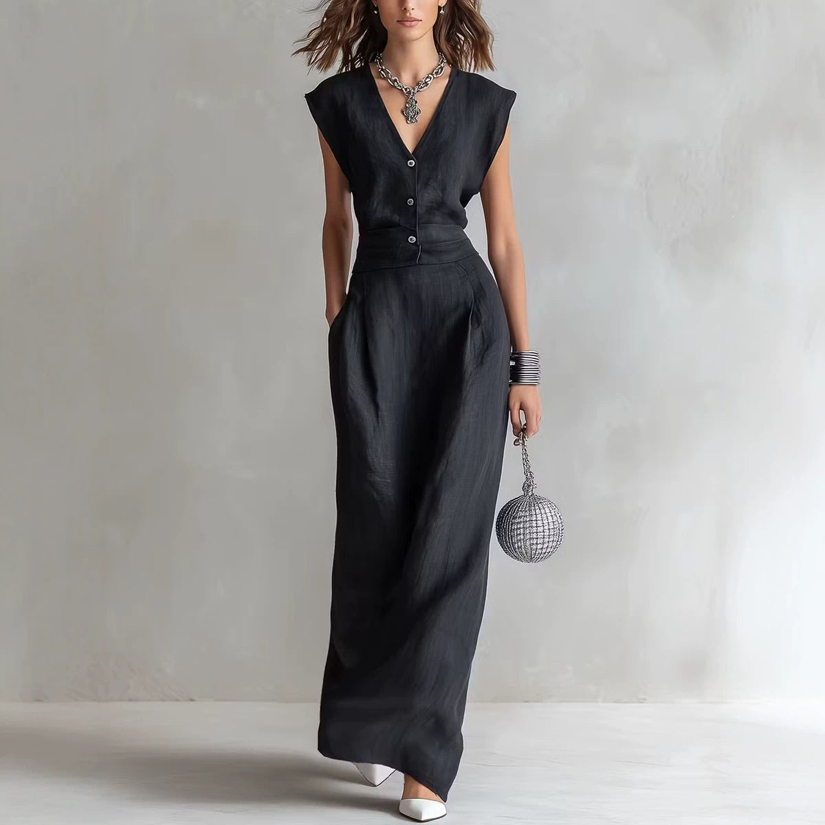 V-neck Sleeveless Cotton-linen Blend Single-breasted Dress