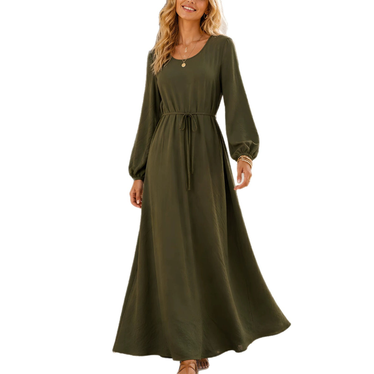 Solid-color Elegant French-style Long-sleeve Waist-cinching Dress