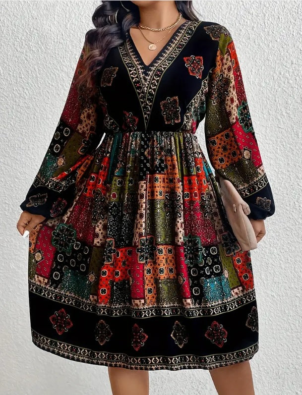 Women's Long Sleeve V-neck Printed Dress