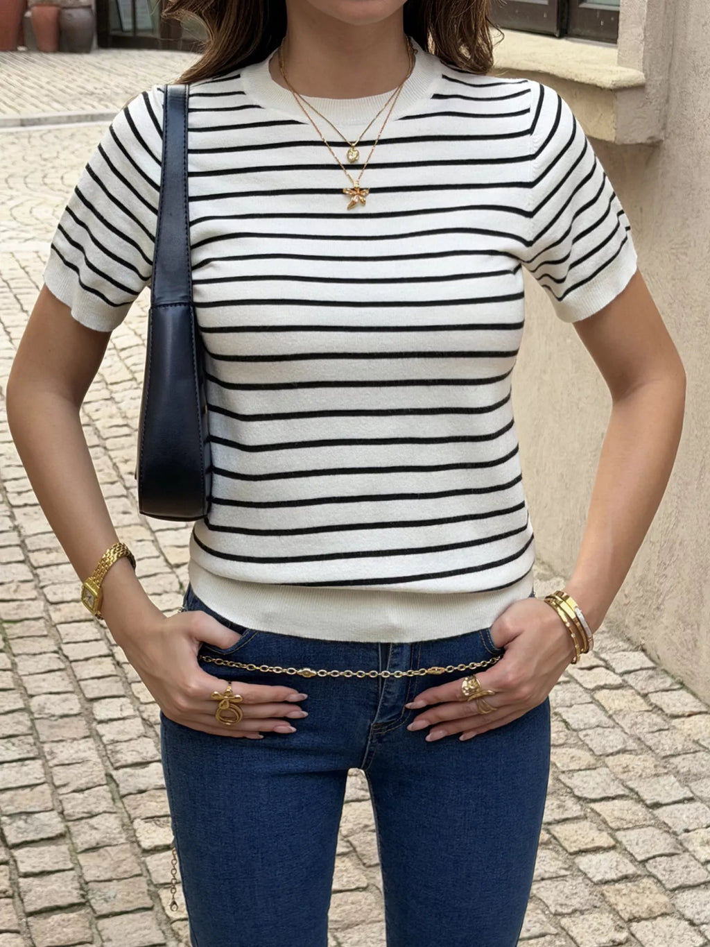 Women's Black Striped Short-Sleeve Knit Top - Black