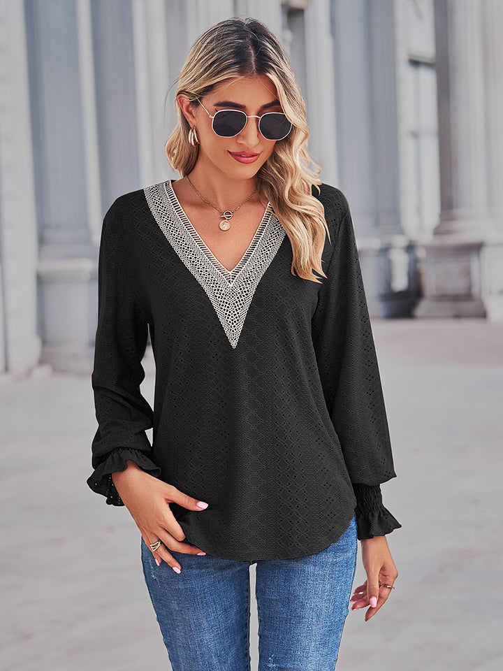 Women's V-Neck Eyelet Flounce Sleeve Blouse