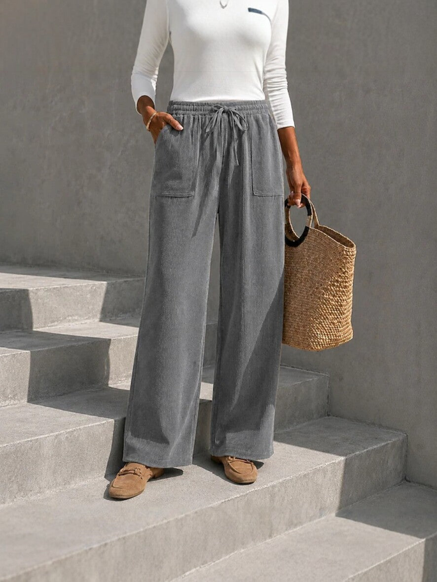 Autumn Winter Women's Corduroy Wide Leg Pants With Elastic Waist And Drawstring, Loose Casual Long Pants