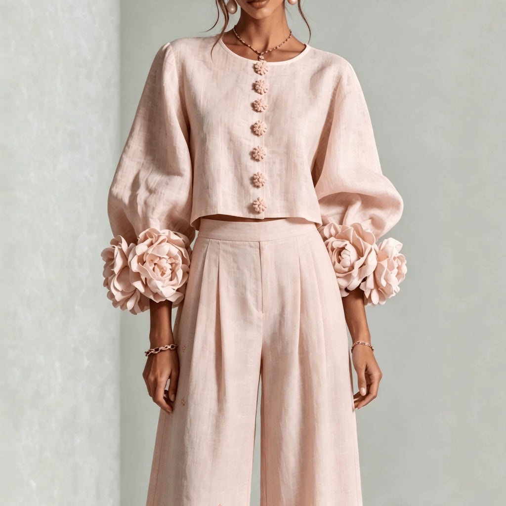 French-style Three-dimensional Floral Lantern-sleeve Top And Pants Set