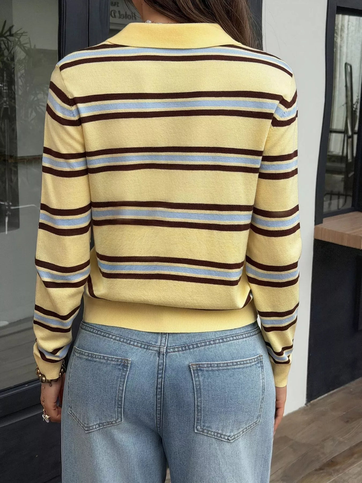 Women's Colorful Stripes Striped Polo Collar Knit Top - Colorful Stripes