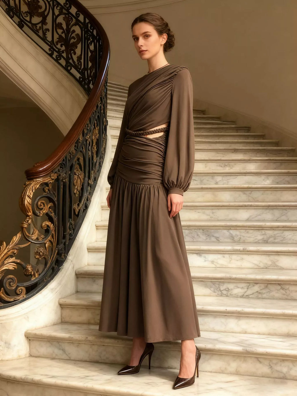 Women's Brown Ruched Long-Sleeve Maxi Dress with Cutout Detail - Brown