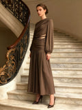 Women's Brown Ruched Long-Sleeve Maxi Dress with Cutout Detail - Brown