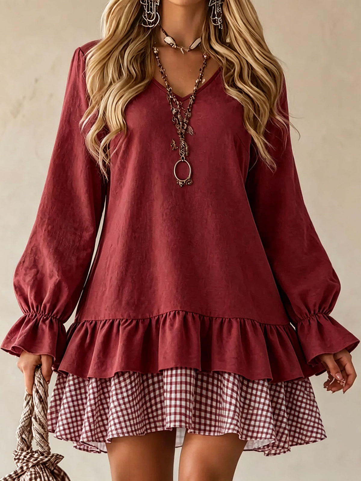 style V-neck Long-sleeved Dress