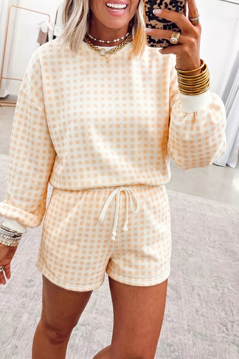 Women's Pastel Yellow Gingham Long Sleeve Sweatshirt and Shorts Set - Pastel Yellow