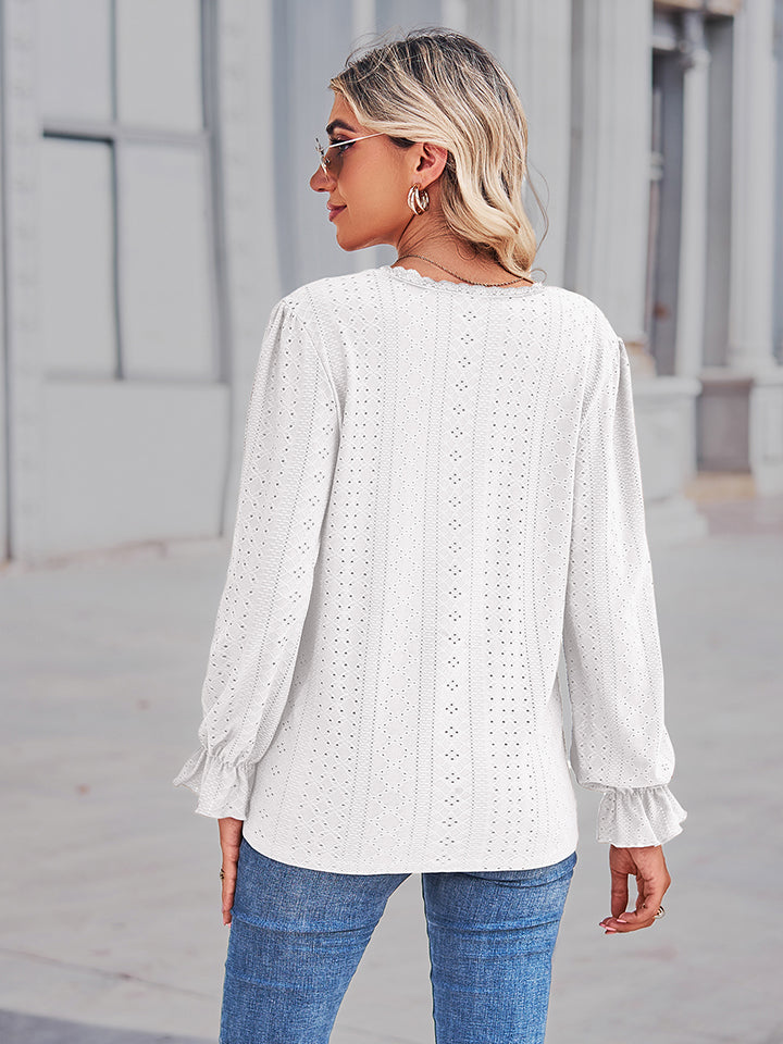Women's Eyelet V-Neck Flounce Sleeve Blouse