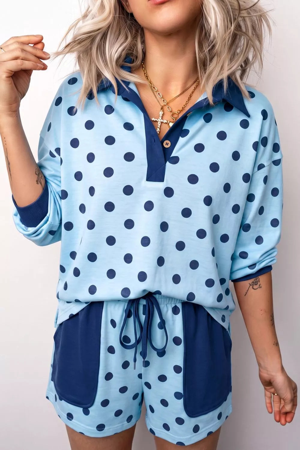 Women's Light Blue Polka Dot Drop Shoulder Polo Loose Pullover Patch Pocket Casual Shorts Set - Light Blue
