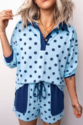 Women's Light Blue Polka Dot Drop Shoulder Polo Loose Pullover Patch Pocket Casual Shorts Set - Light Blue