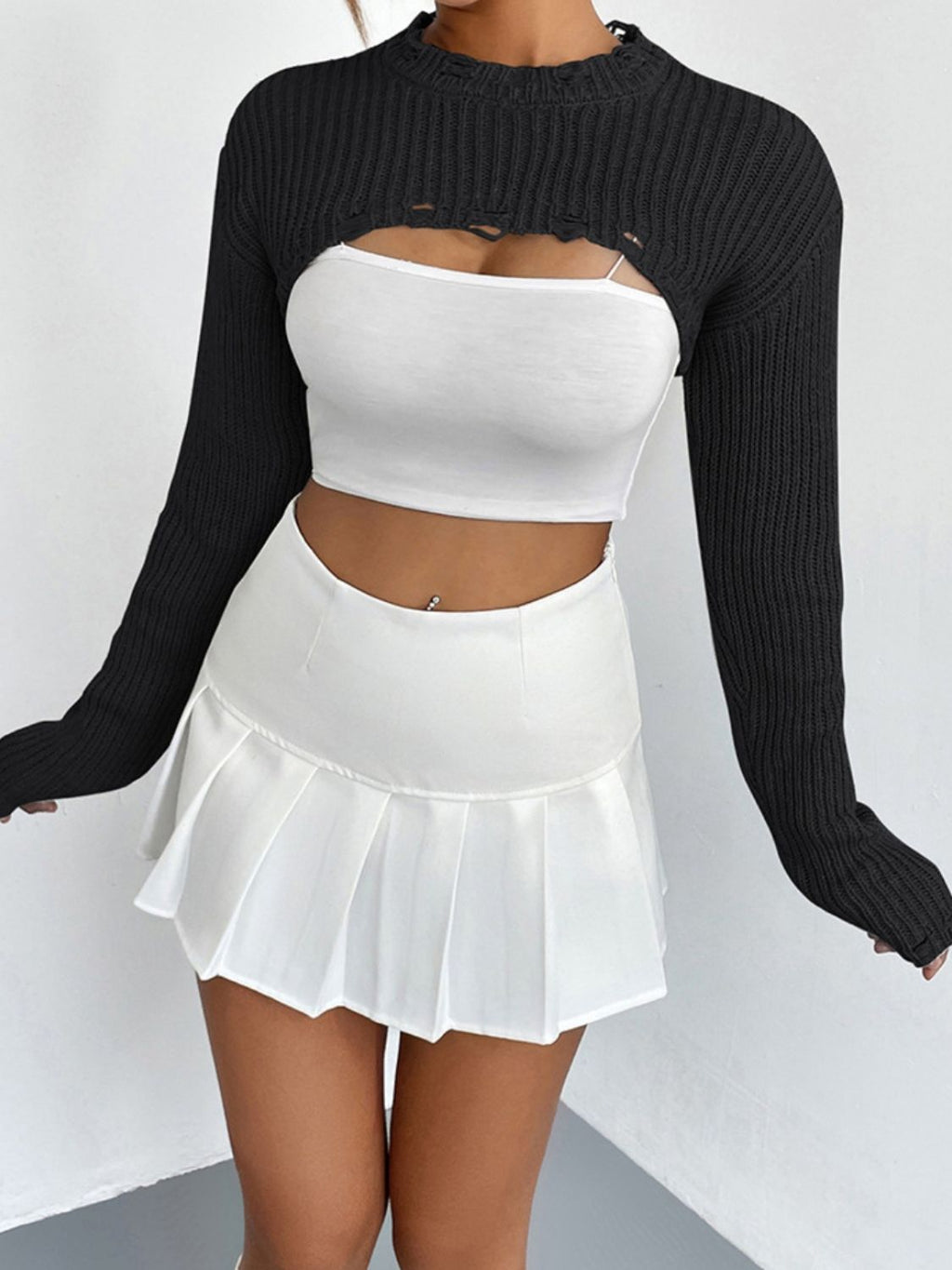 Women's Distressed Long Sleeve Cropped Sweater
