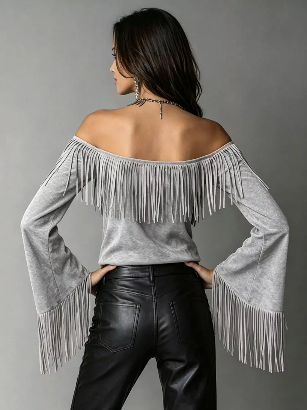 Full Size Fringed Off-Shoulder Flare Sleeve Top Plus Size