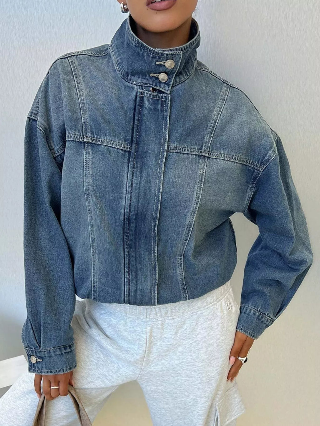 Women's Blue Washed Stand-Up Collar Denim Jacket - Blue