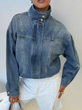Women's Blue Washed Stand-Up Collar Denim Jacket - Blue