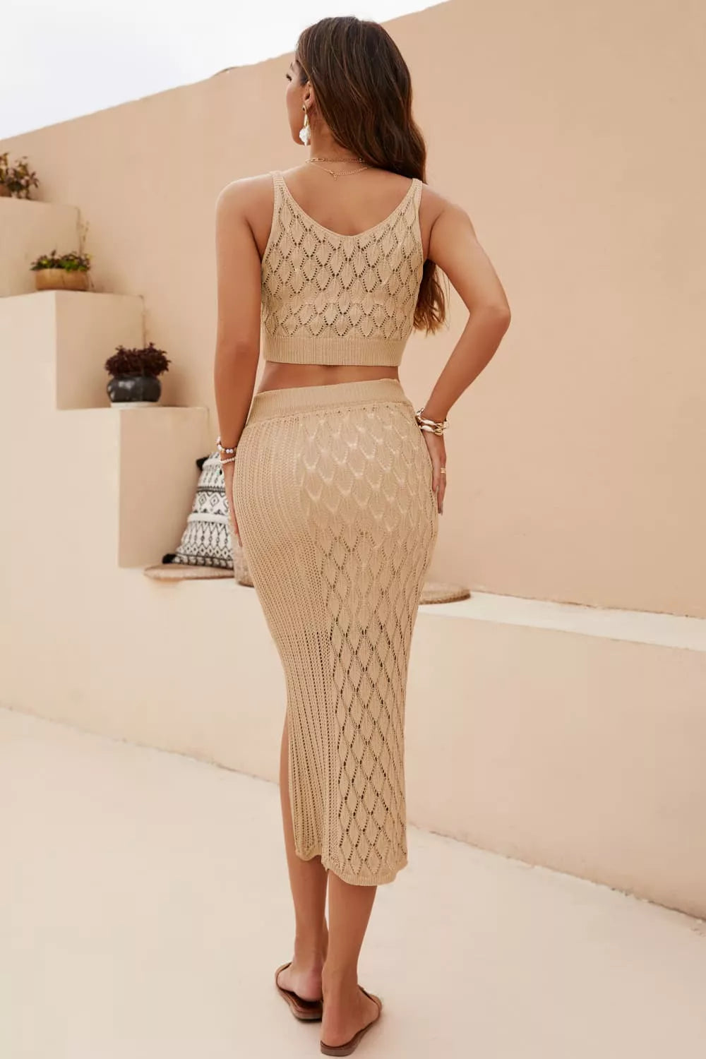 Women's Openwork Cropped Tank and Split Skirt Set
