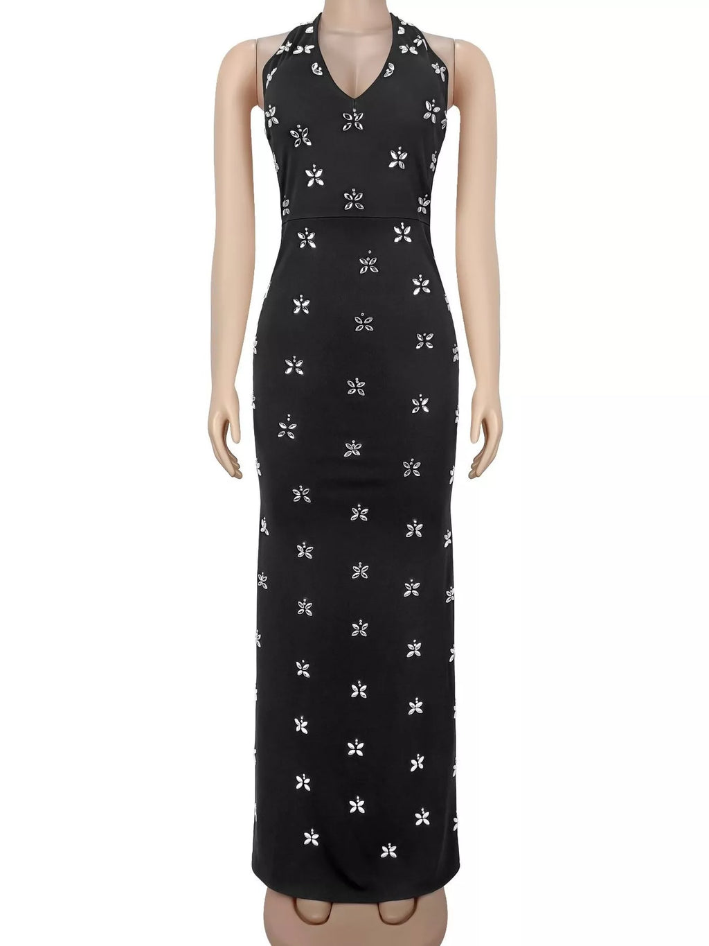 Women's Black Floral Halter Neck Maxi Dress - Black