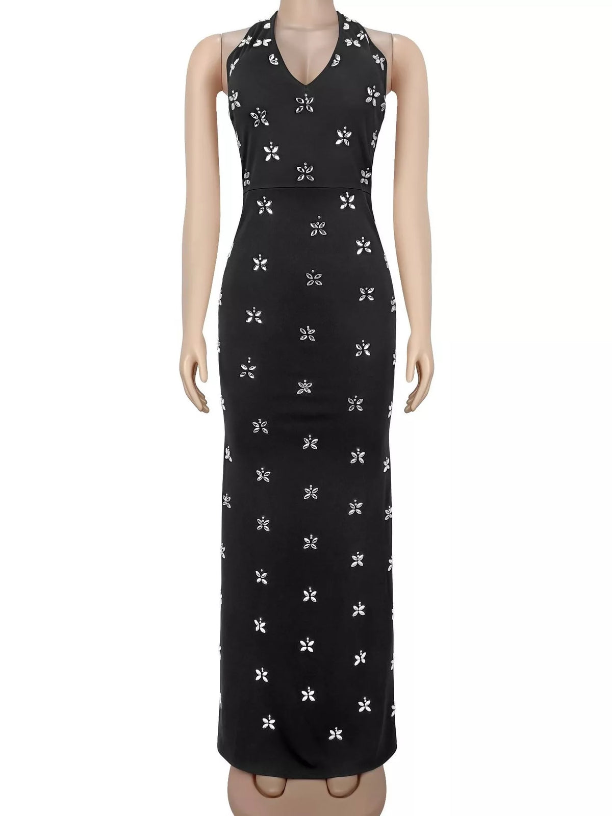 Women's Black Floral Halter Neck Maxi Dress - Black