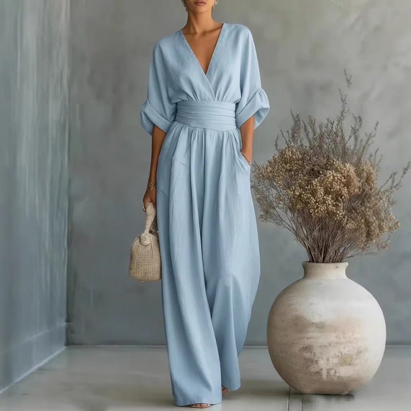 Women's European And American Cross Border Spring Summer New Amazon Elegant Waist-cinching Stylish Women's Jumpsuit - light blue