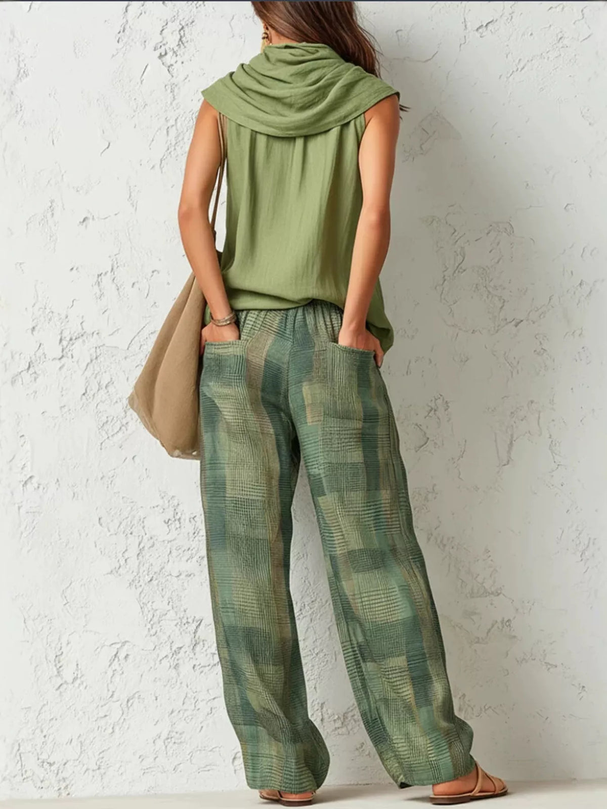 Women's Sage Sleeveless Cowl Neck Top and Plaid Wide-Leg Pant Set - Sage